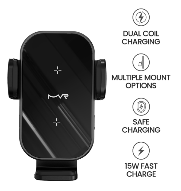 MVR T7 15W Double Coil Wireless Charging Car Holder - Black - Image 8